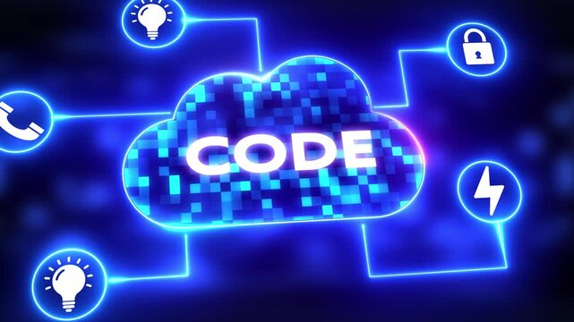"Cloud Code Animation with Encrypted Data Flow, Secure Communication Lines, Digital Metrics, and a Pixelated Cloud-Based Virtual Network Interface"