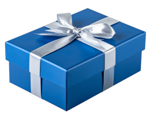 Blue Gift Box with Silver Bow, isolated on transparent background