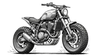 Detailed Black and White Illustration of a Classic Custom Motorcycle Design