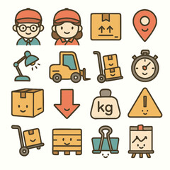 A vibrant set of sixteen colorful, friendly cartoon icons illustrating key concepts of modern logistics, delivery, and efficient business operations.
