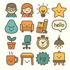 A delightful collection of cute, hand-drawn style vector icons featuring diverse everyday objects, people, and abstract concepts, ideal for modern digital design.