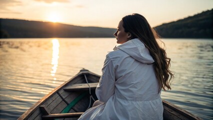 Fototapeta premium Back View of Woman in White Jacket Sitting on Boat Looking at Lake with Sunset Behind Hills