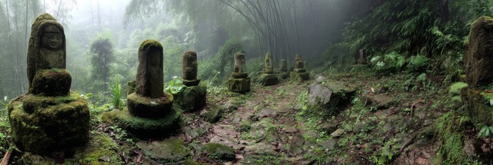 Ancient stone statues hidden in misty forest with lush greenery and vibrant tropical plants creating mystical atmosphere