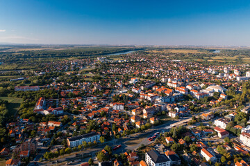 Fototapeta premium Obrenovac - Panoramic Aerial view of Serbian city and Kolubara and Sava river