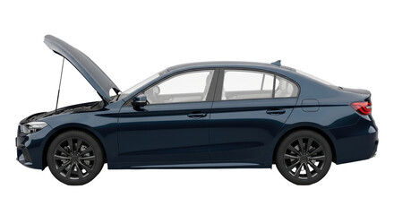 Isolated Blue Sedan with Open Hood