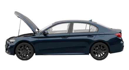 Isolated Blue Sedan with Open Hood