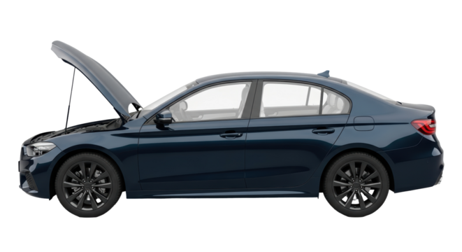 Isolated Blue Sedan with Open Hood