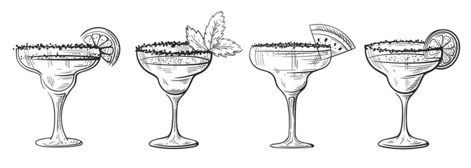 Cocktails margarita hand drawn set isolated on white background. Vintage sketch of alcoholic party cocktails. Vector illustration