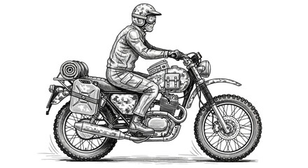 Detailed Sketch Illustration of a Camouflage Motorcycle Touring Adventure