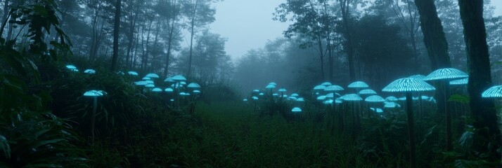 Obraz premium Enchanted Forest with Glowing Blue Mushrooms Surrounded by Mist and Trees at Night in Fantasy Landscape
