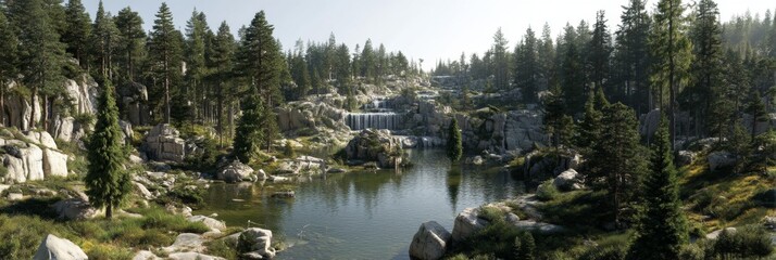 Serene Mountain Landscape with Waterfall, Clear Lake, and Lush Greenery Displaying Nature's Beauty in Bright Daylight