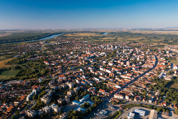 Obrenovac - Panoramic Aerial view of Serbian city and Kolubara and Sava river