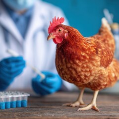 A chicken stands on a workbench while a researcher in a lab coat prepares samples in a laboratory dedicated to poultry health studies. The setting emphasizes scientific exploration.