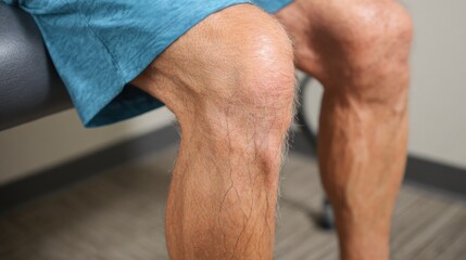 A man's knee showing signs of age and health examination as he sits at a healthcare facility in the afternoon, highlighting his condition and care.