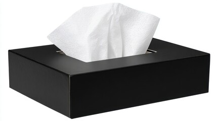 A black tissue box contains soft white tissues peeking out, designed for convenience in homes or offices. The minimalist design complements various decor styles.