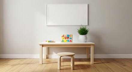 Cozy home interior with wooden table and stool featuring a blank canvas and decorative elements