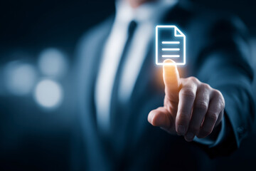 Digital Document Interaction: A business professional interacts with a file icon on an interface.