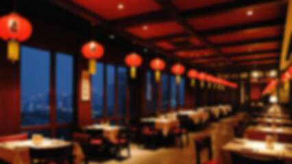 Fototapeta premium Blurry photo of the interior of a Chinese restaurant at night with typical Chinese lamps hanging from the restaurant roof, blurry wallpaper.