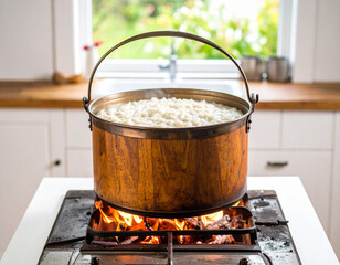 A rustic kitchen scene with a pot of simmering rice porridge