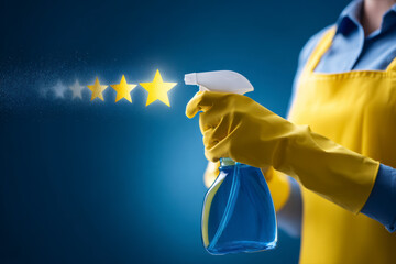 Cleaning service provides a five-star job, showing a person using a spray bottle to clean a surface.