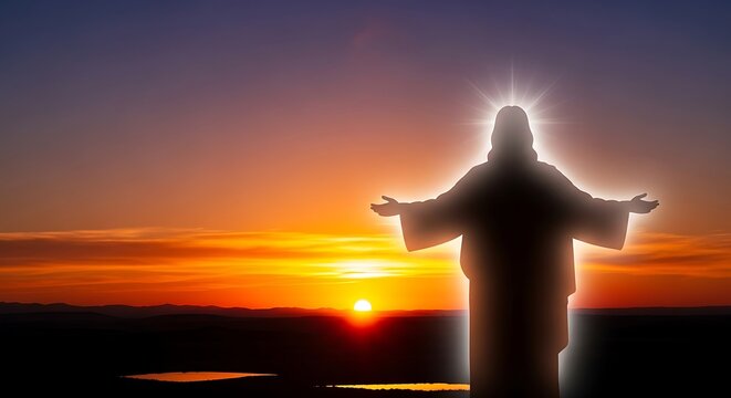 Silhouette of Jesus Christ with arms outstretched against a vibrant sunset sky, radiating divine light.