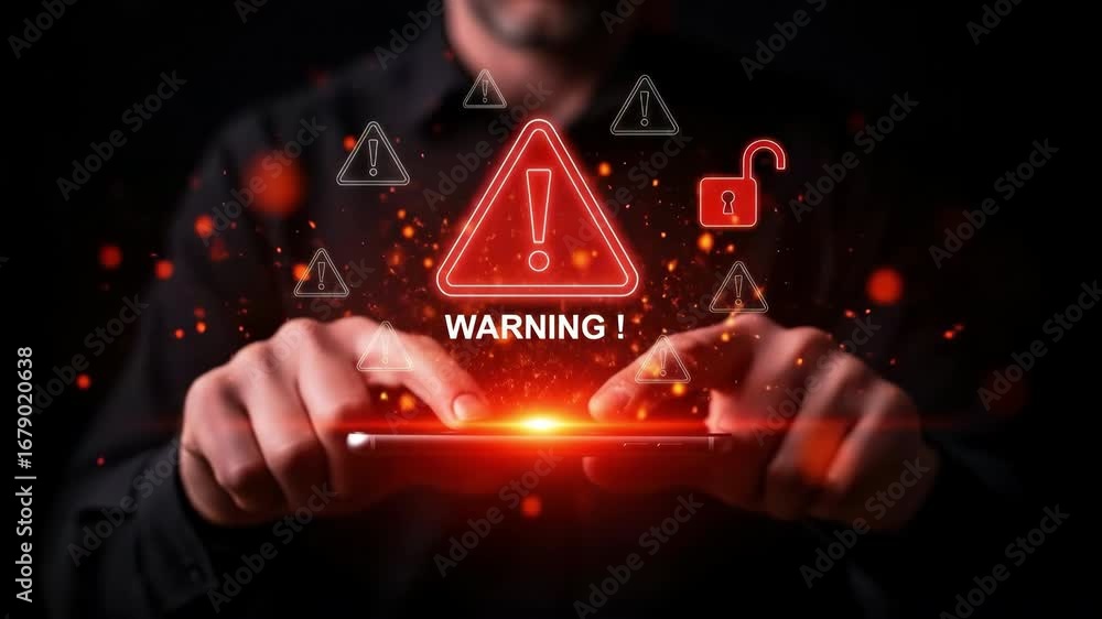 Poster a warning alert cybersecurity risk data breach digital danger glowing red triangle exclamation mark 