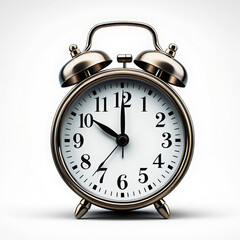 Classic twin bell alarm clock with metal finish on white background