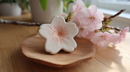 A beautiful ceramic cherry blossom design rests on a wooden plate, surrounded by delicate pink flowers. Sunlight filters through a window, enhancing the tranquil atmosphere.