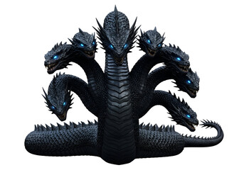 A dark, formidable multi-headed serpent, with glowing blue eyes, dominates the black background.