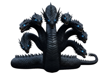 A dark, formidable multi-headed serpent, with glowing blue eyes, dominates the black background.