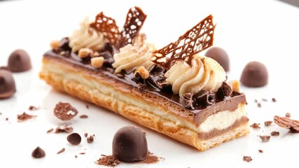 An elegant slice of chocolate tart, topped with flaked nuts and drizzled in a caramel glaze. - Powered by Adobe