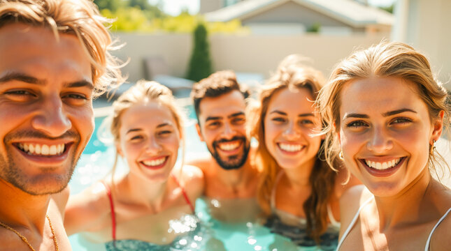Happy young diverse friends smiling and having fun together in a swimming pool on a sunny summer vacation day, enjoying leisure time. - Powered by Adobe