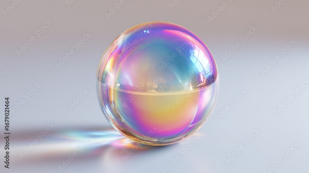 Poster A colorful bubble with iridescent patterns rests on a flat surface, reflecting soft light. The serene indoor setting complements the delicate structure of the bubble, creating a captivating visual.