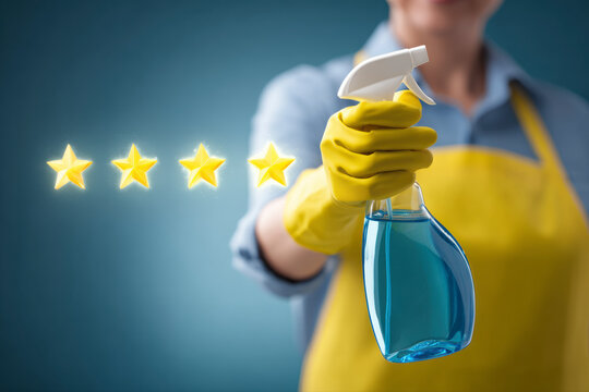 Cleaning Service Excellence: Four-star cleaning service with spray bottle and yellow gloves for a top rating.