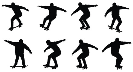 Silhouettes of skateboarders performing various tricks and poses
