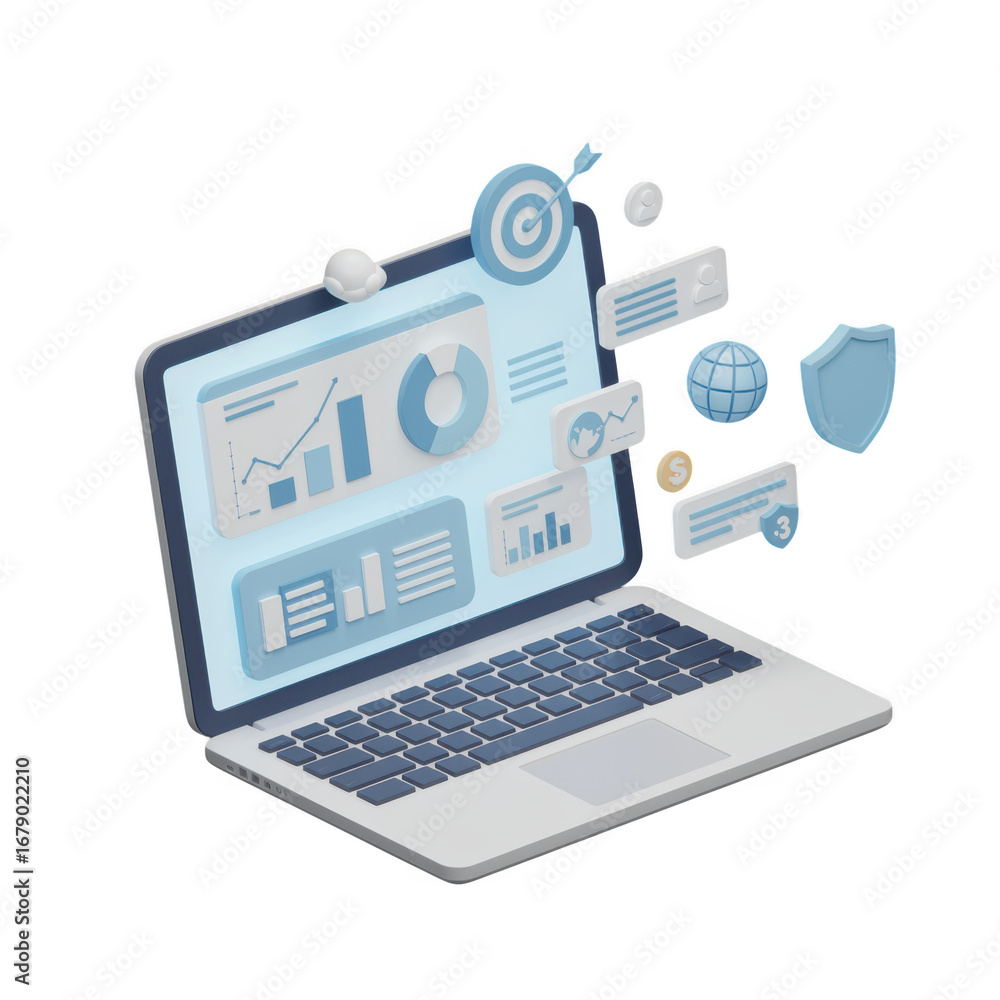 Aufkleber modern laptop displaying financial data and analytics isolated on transparent background