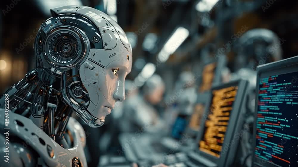 Poster advanced neurochips are integrated into a robotic figure in a modern lab. the setup displays screens