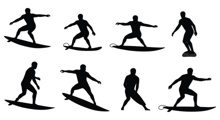 Silhouette of a man surfing in various poses on a surfboard