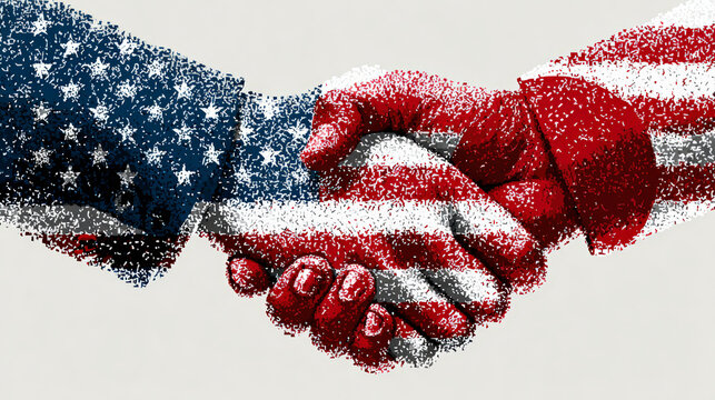Two hands, covered in American flag colors, engaged in a firm handshake, symbolizing unity and cooperation in the USA.