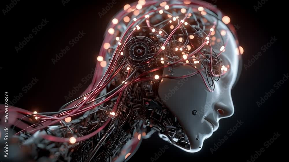 Poster a close-up view of a humanoid figure with intricate neurochips and luminous wires. the digital techn