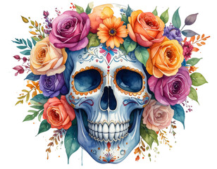 Angled Watercolor Skull with Vibrant Floral Decorations, Transparent Background