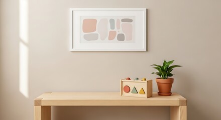 Cozy room corner with framed artwork and potted plant on a wooden shelf elegant home decor bright natural light