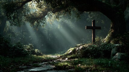 Weathered wooden cross stands peacefully in a clearing in an enchanted, ancient forest, with sunbeams filtering through a massive oak tree canopy.