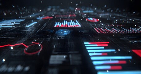 A black background with data visualization charts, graphs, and bar graphs in white, blue, and red colors. The scene is captured from an overhead perspective