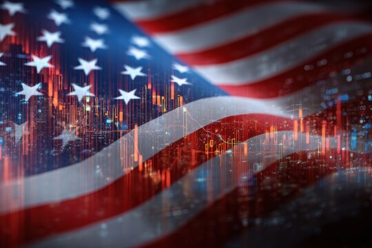 American Flag Doodle. Financial Chart on US Flag and Skyline Background - Powered by Adobe