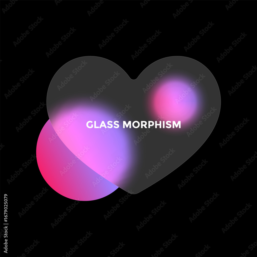 Poster clear hearts in a glass morphism style create depth with blurred circles and overlapping shapes in a