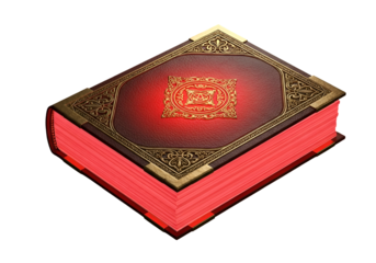 An antique-style book with a richly detailed cover, illuminated by a vibrant red light, highlighting its ornate gold accents.