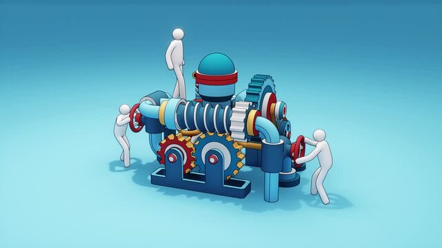 Stickman characters collaboratively operating a complex mechanical device that generates a glowing light bulb. Creative idea generation. Stylized looped 3D animation