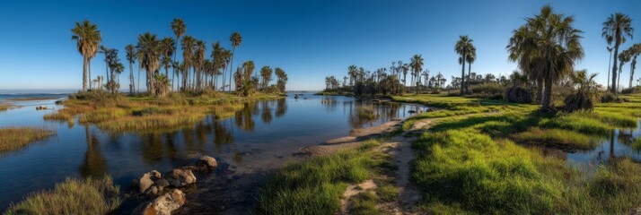 Serene Coastal Landscape with Palm Trees and Reflections in Clear Water Under a Blue Sky at Sunrise or Sunset