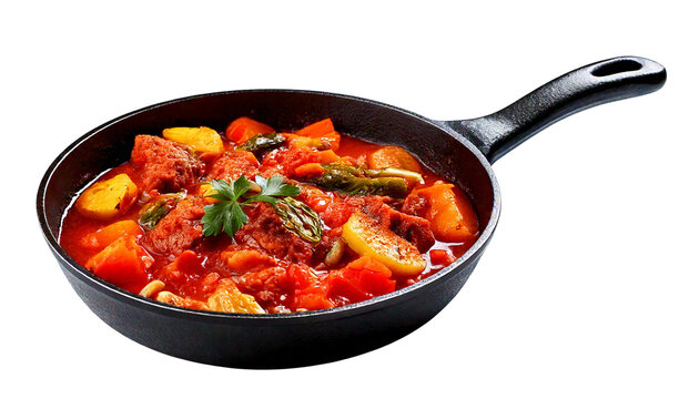 Warm Rustic Stew in a Panis a delicious, traditional dish perfect for a healthy dinner on white Background